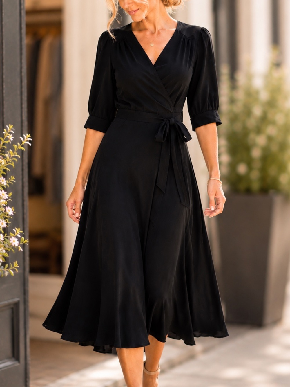 Laundry by Shelli Segal Black Midi Dress Wrap V Neck Tie Waist Size 8 - Picture 11 of 11
